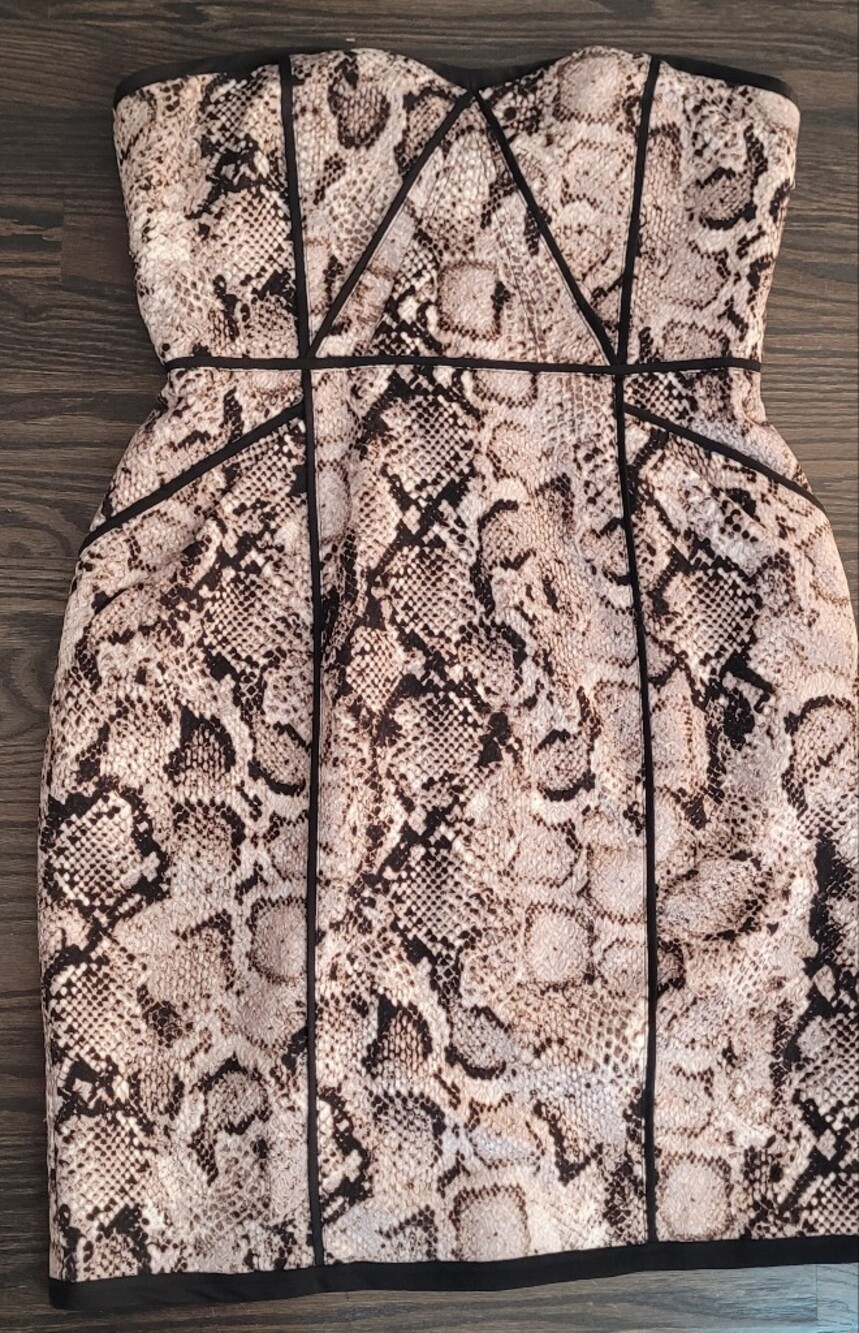 BCBGMAXAZRIA "Shana" Strapless Snake Print Dress